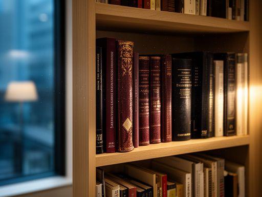 A warm-lit wooden bookshelf filled with curated philosophy volumes and rare editions at Sapiens' Haven in Minato, Tokyo, with subtle window light casting across leather-bound spines